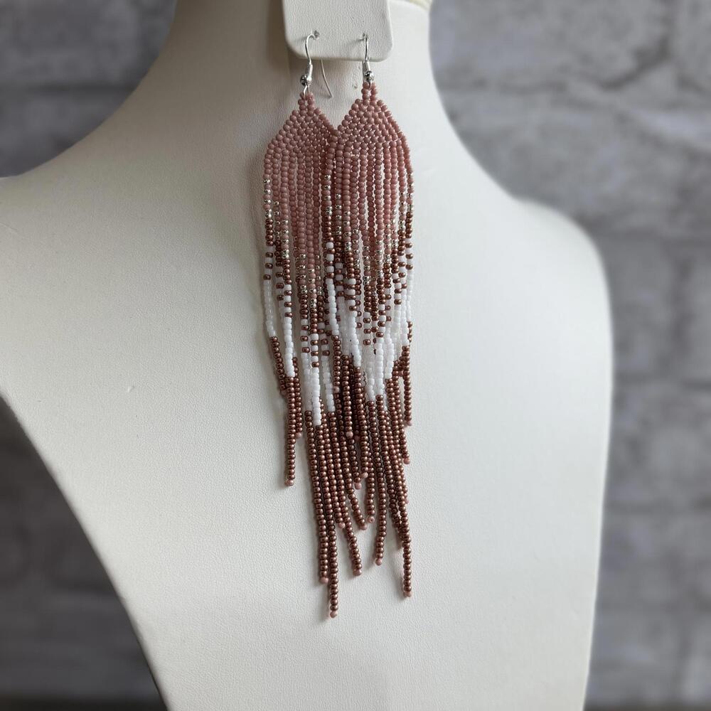 Long Shoulder Duster Handmade Beaded Fringe Earrings in Coral,White,Copper Tones